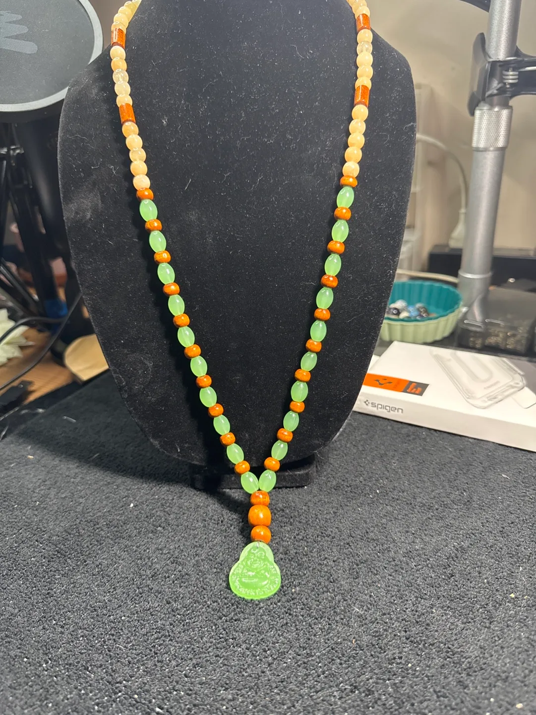 Beaded necklace with Laughing Buddha pendant thumbnail