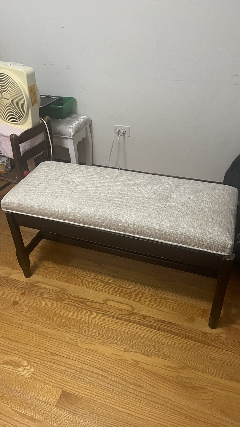 Beige Upholstered Bench with Dark Wood Legs