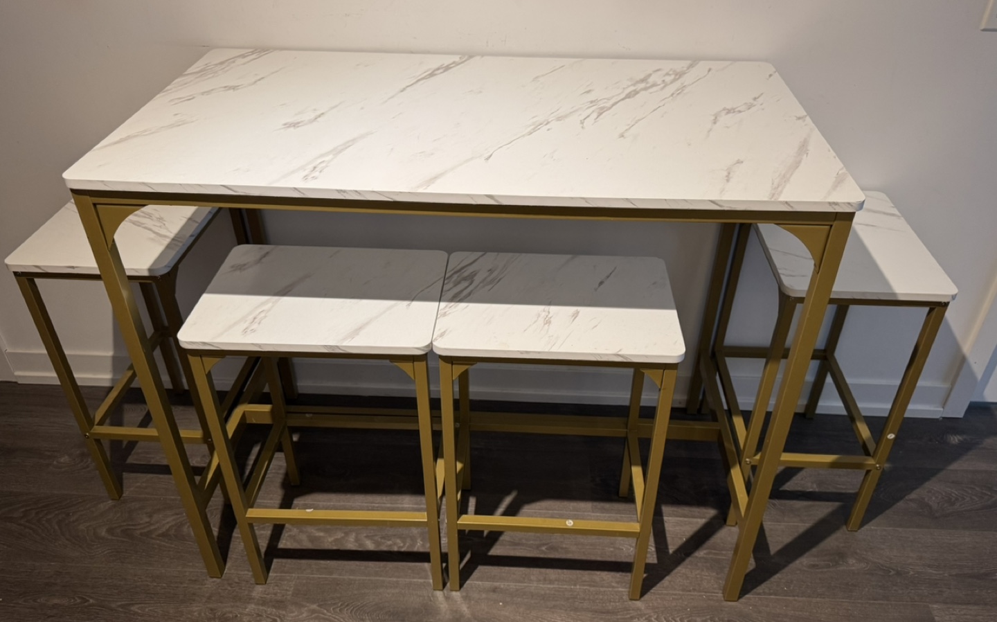 White Marble Counter Height Table and Four Stools Set