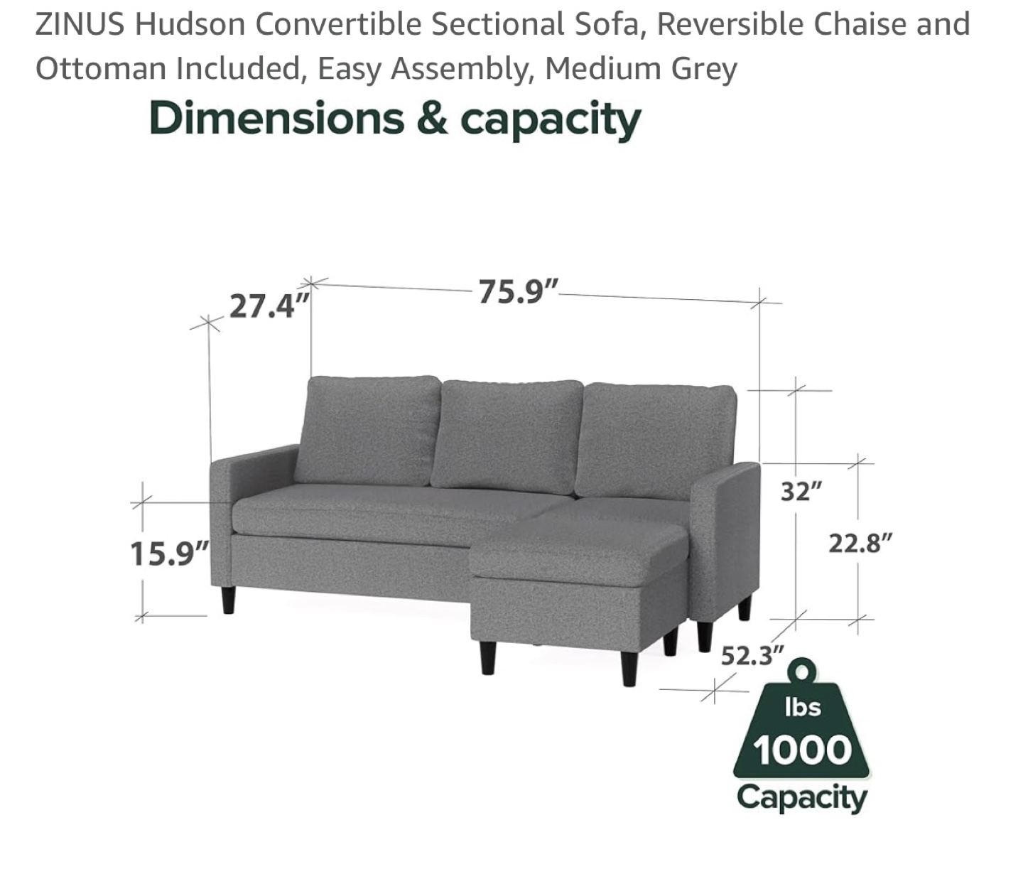 Zinus Hudson Convertible Sectional Sofa - Medium Grey