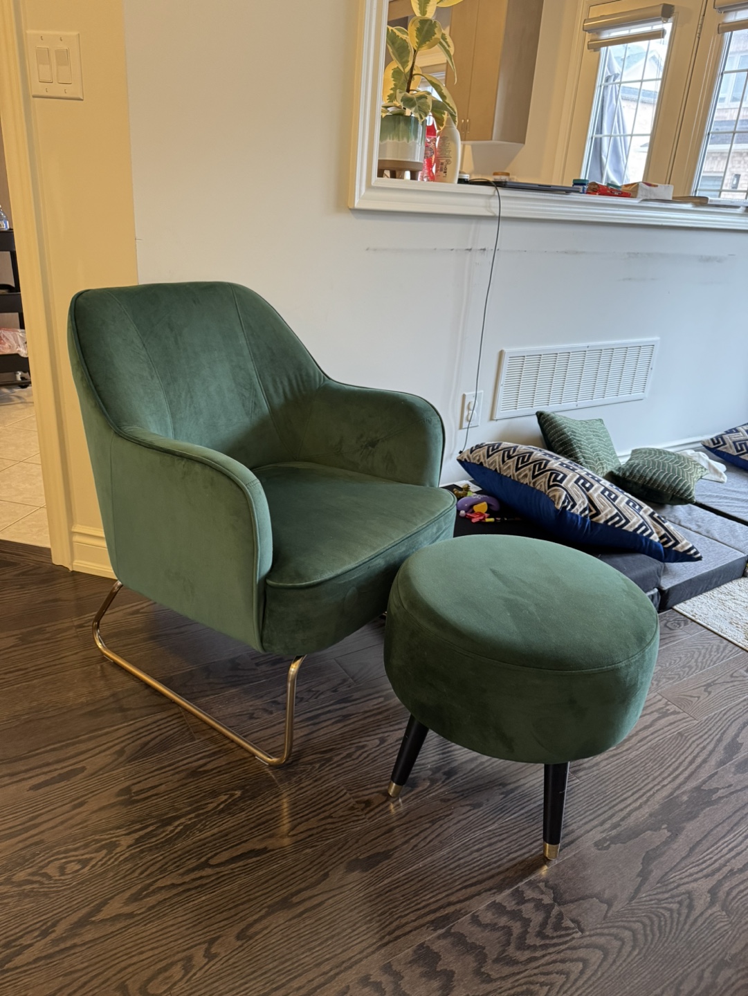 Green Velvet Accent Chair and Ottoman footrest