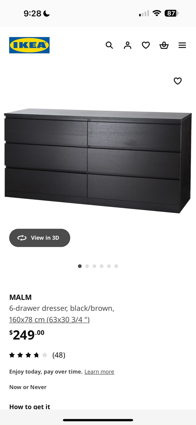 Ikea Malm Black Six-Drawer Dresser with Glass Top - photo 2