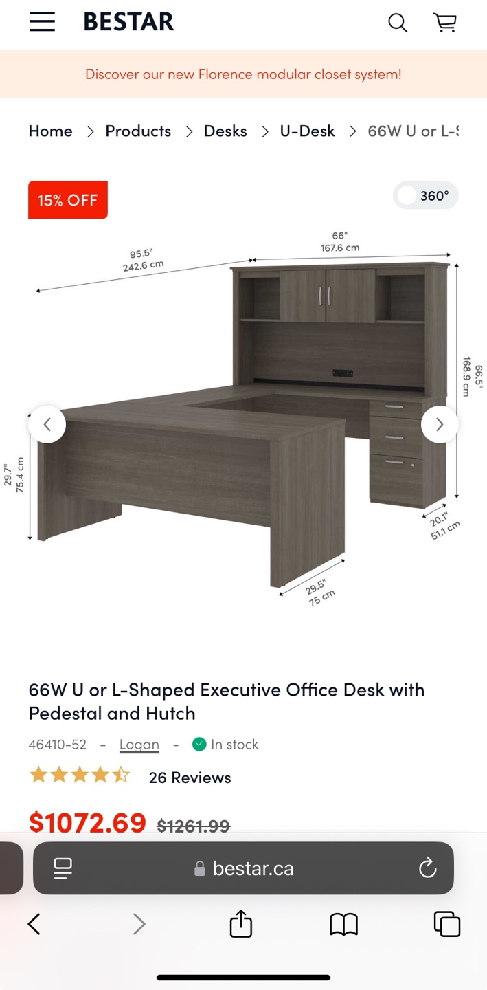 Bestar L-Shaped Executive Desk with Hutch
