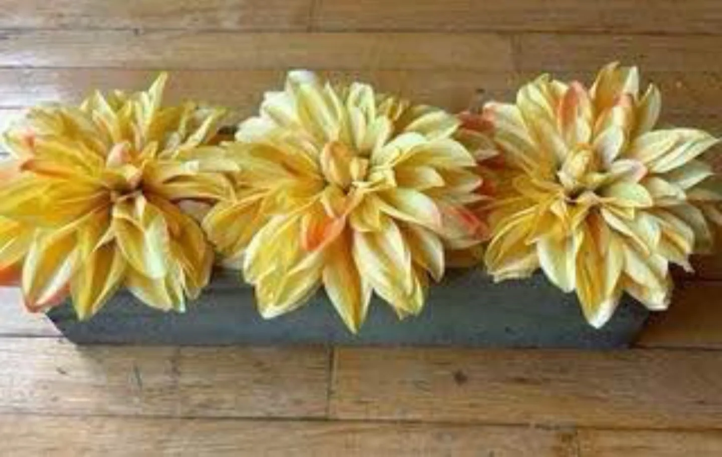 Decorative Yellow Dahlia Flowers in Green Wooden Base, Like New image indicator(4)