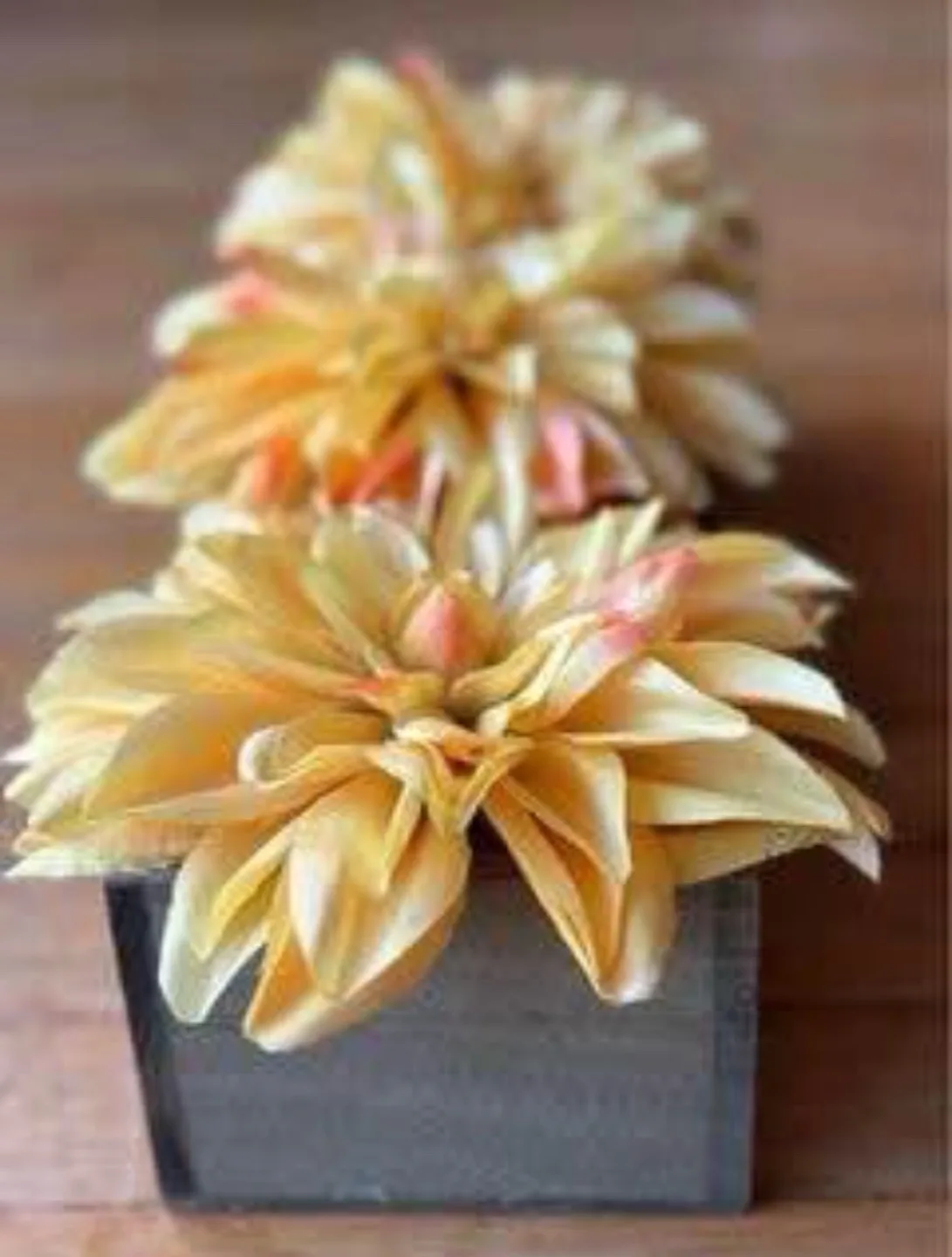 Decorative Yellow Dahlia Flowers in Green Wooden Base, Like New image indicator(3)