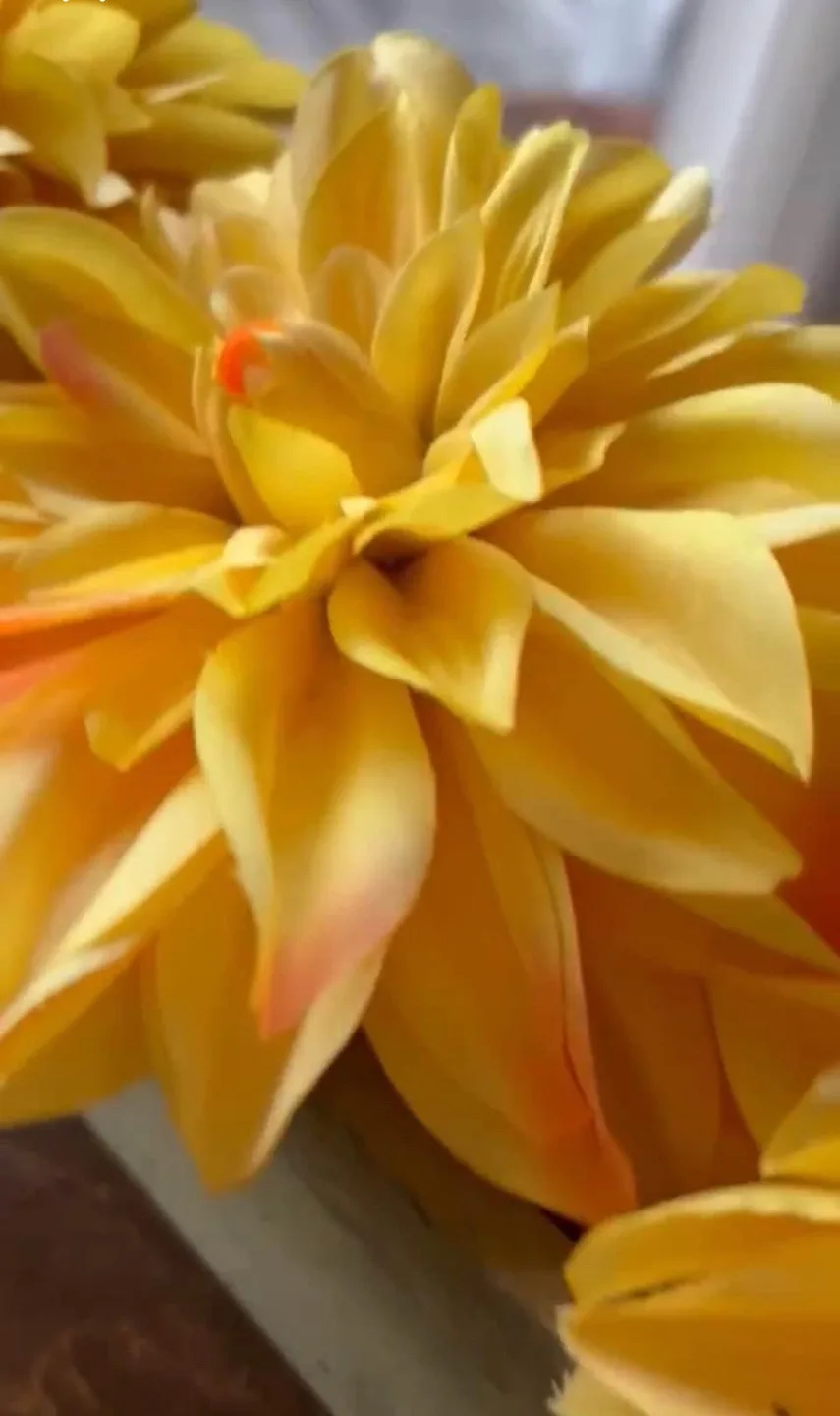 Decorative Yellow Dahlia Flowers in Green Wooden Base, Like New image indicator(2)