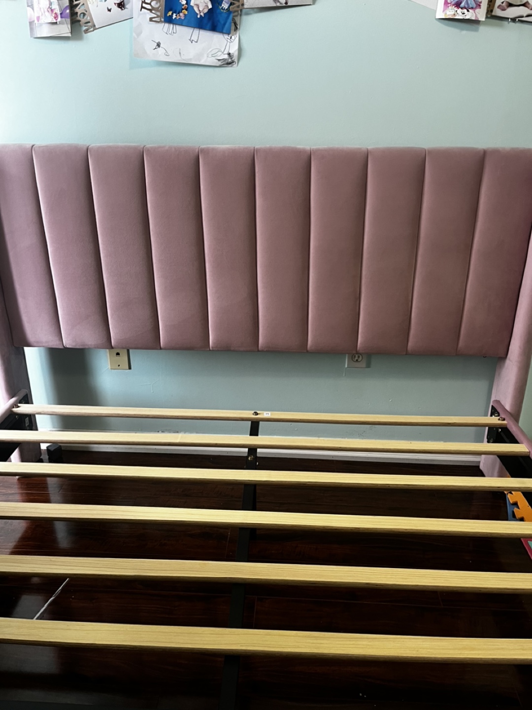 Pink Velvet Queen Bed Frame with Headboard and matress - photo 3