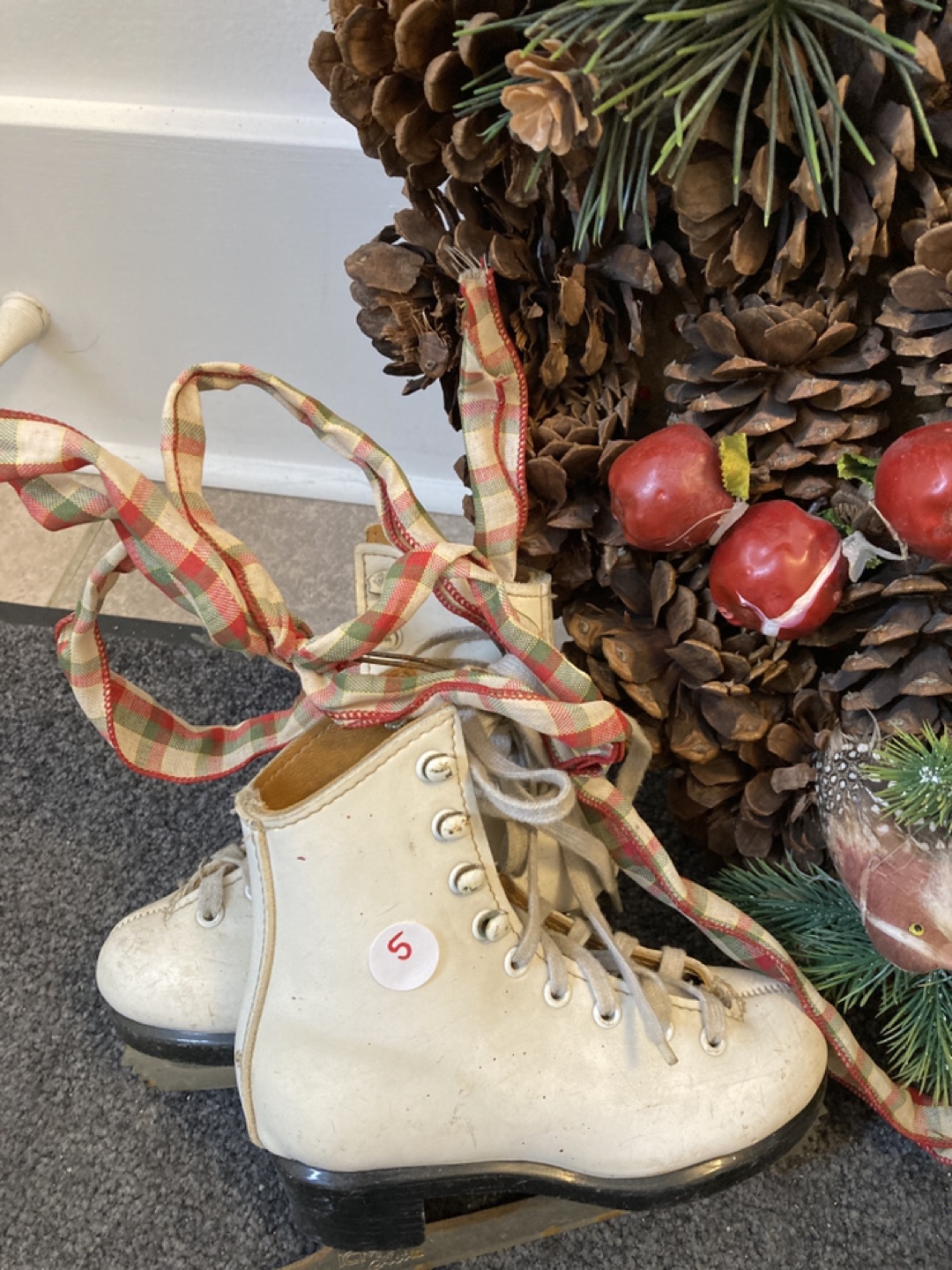 Vintage Children's Ice Skates with Festive Ribbon