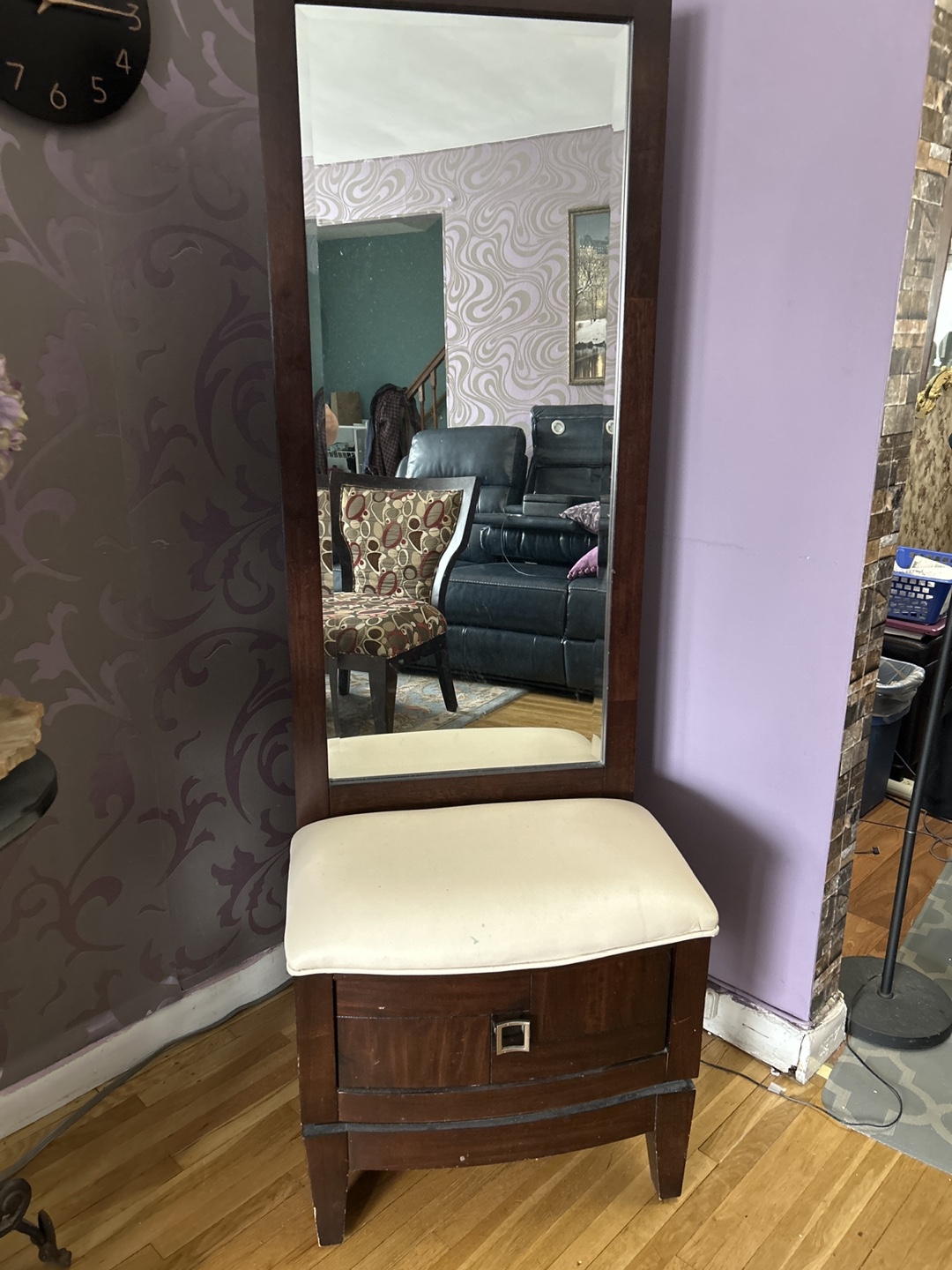 Dark Wood Vanity Mirror with Bench