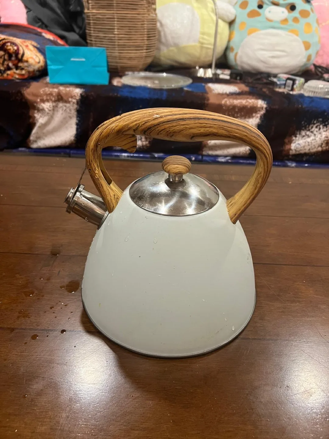 White Stovetop Kettle with Wooden Handle thumbnail