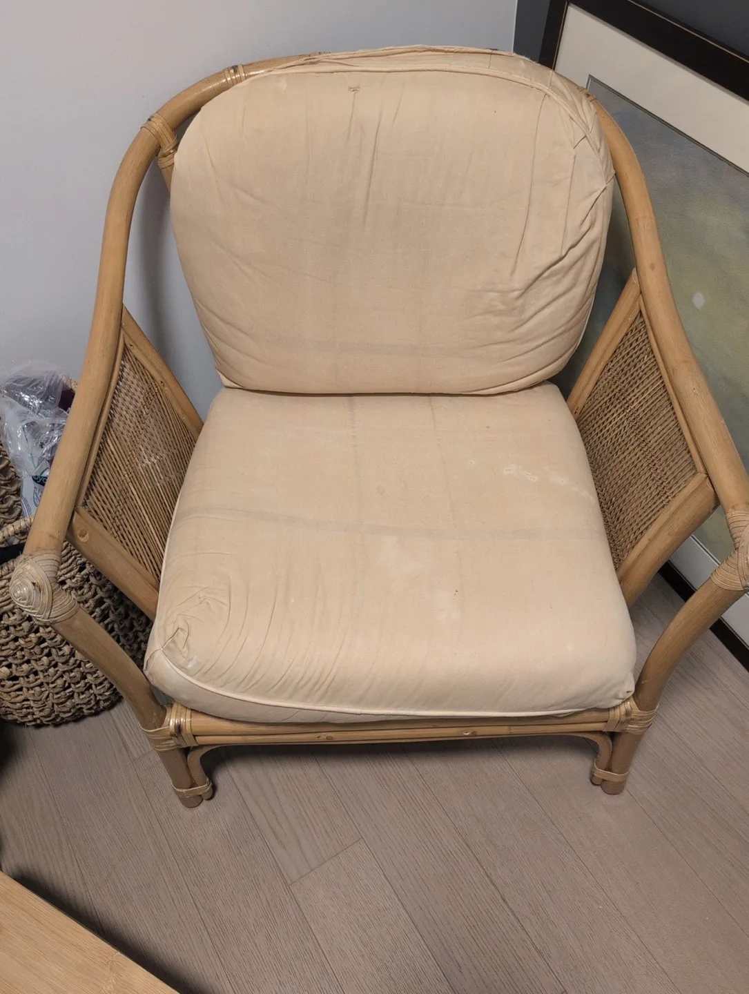 Vintage Rattan Armchair with Cushions thumbnail