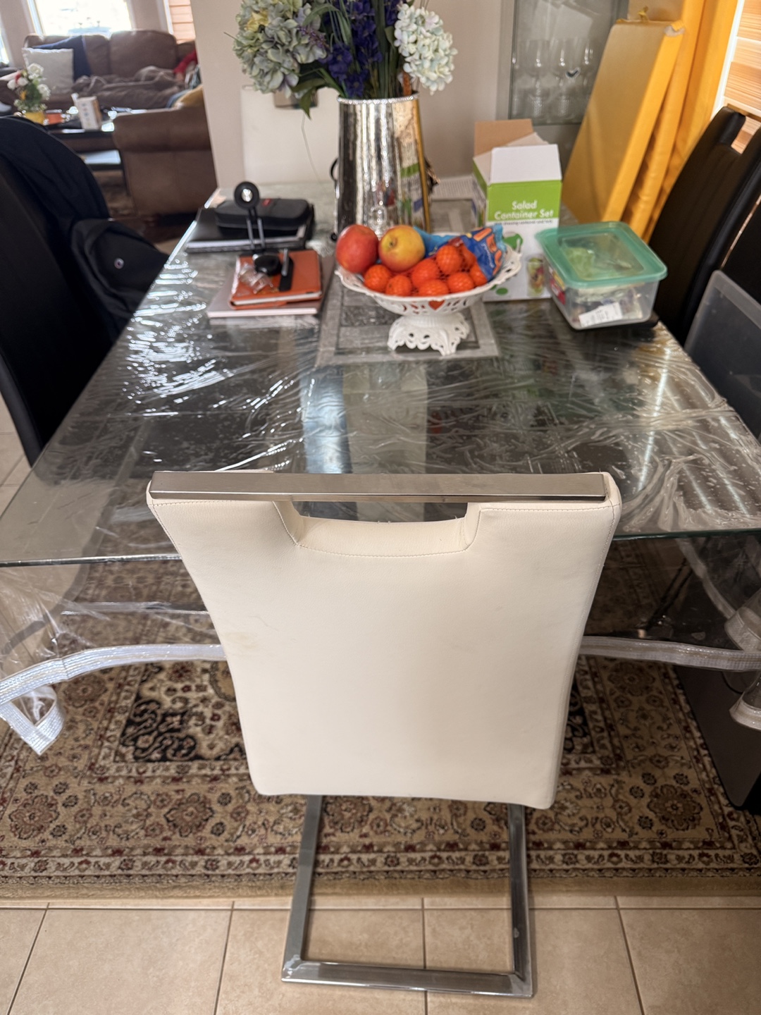 Modern Glass Dining Table with Cream Leather Chair