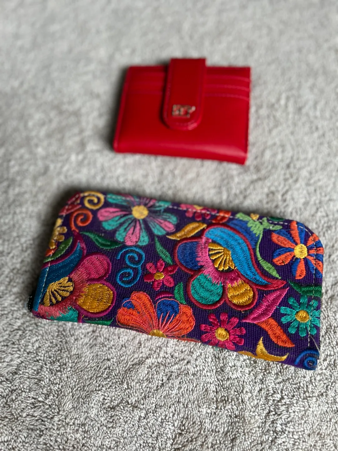 Two Wallets: Red Leather & Embroidered Floral thumbnail