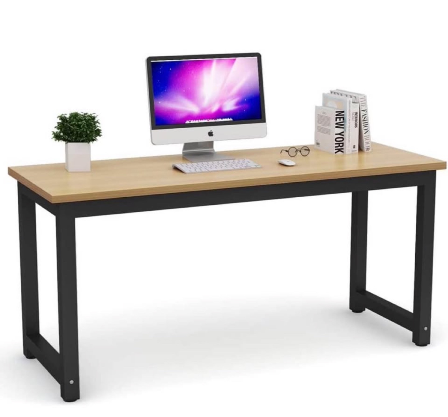 Modern Computer Desk, Light Wood Top, Black Metal Frame