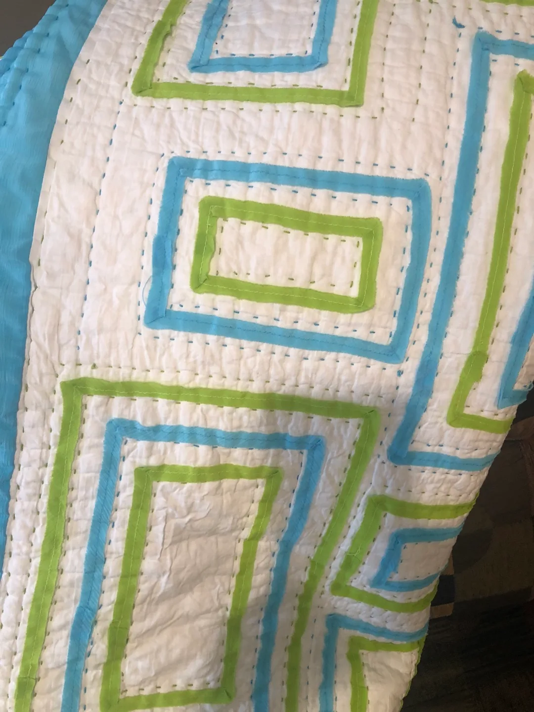 Kantha Quilt Throw Blanket, Blue and Green Geometric Design image indicator(3)