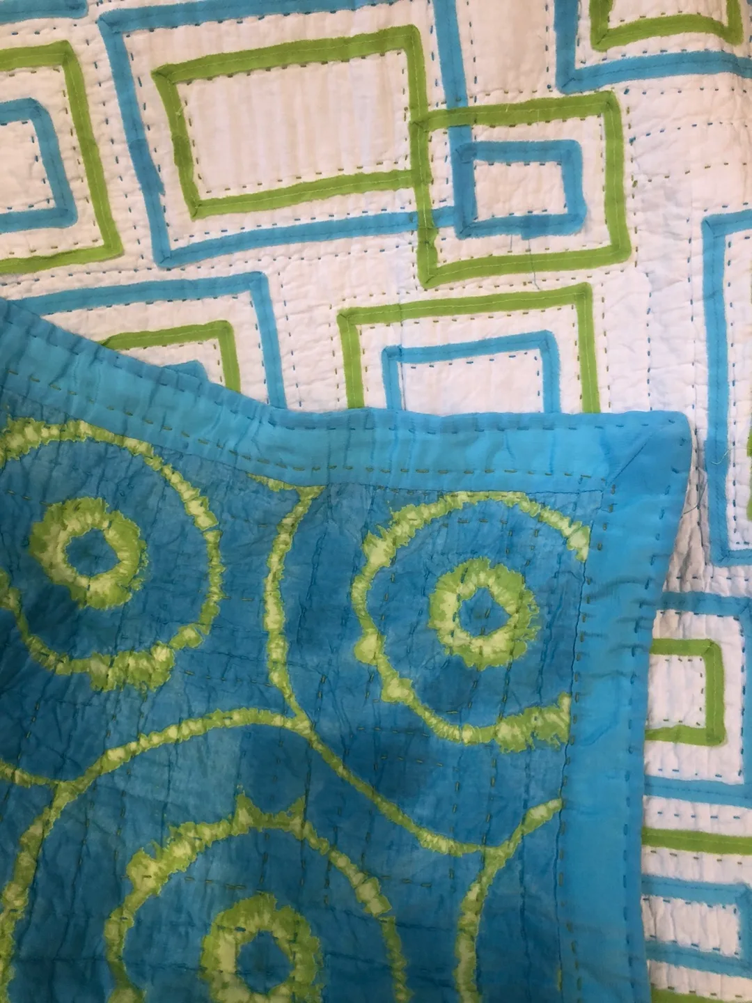 Kantha Quilt Throw Blanket, Blue and Green Geometric Design image indicator(2)