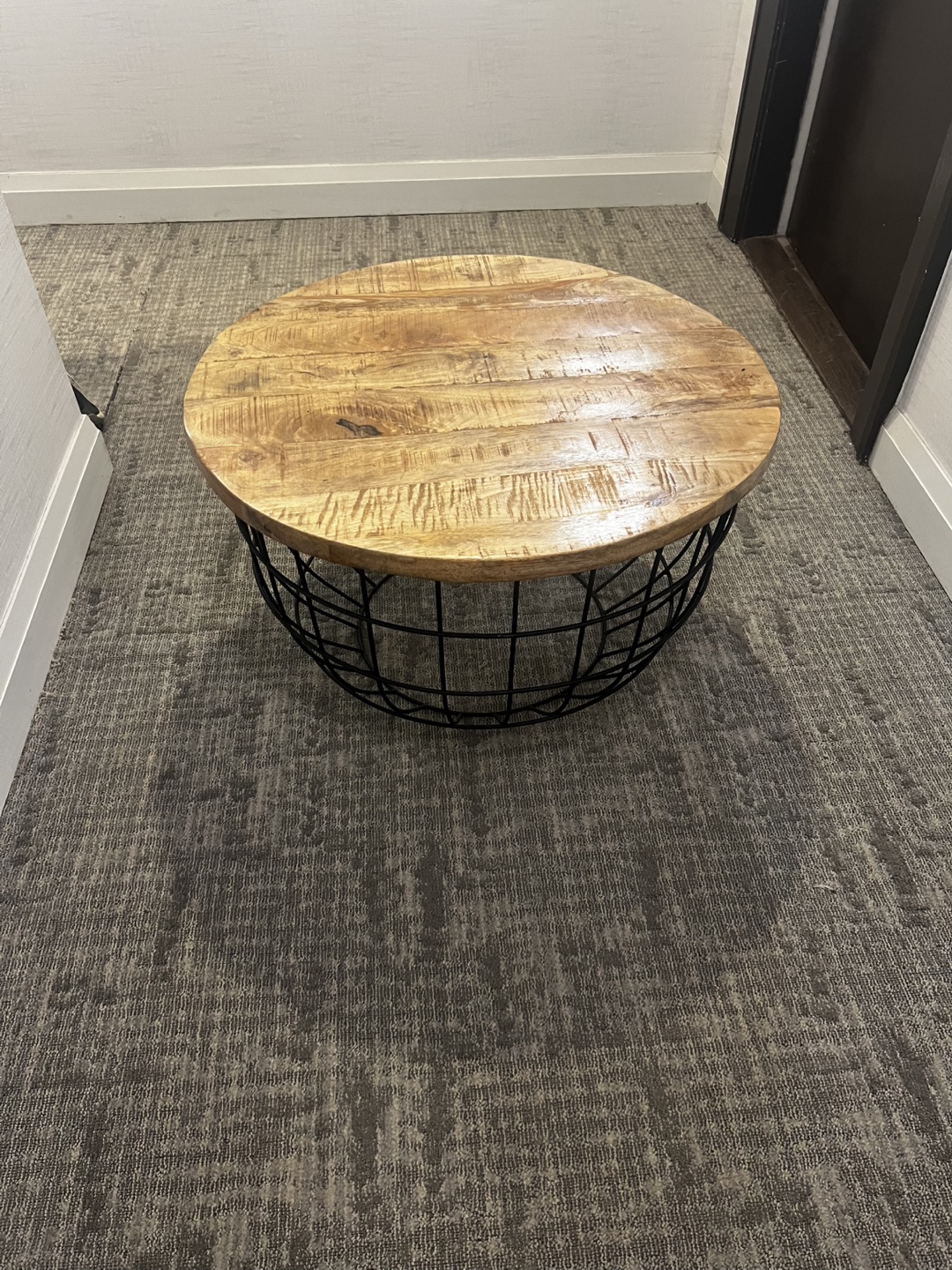 Round Wooden Top Coffee Table with Black Metal Base
