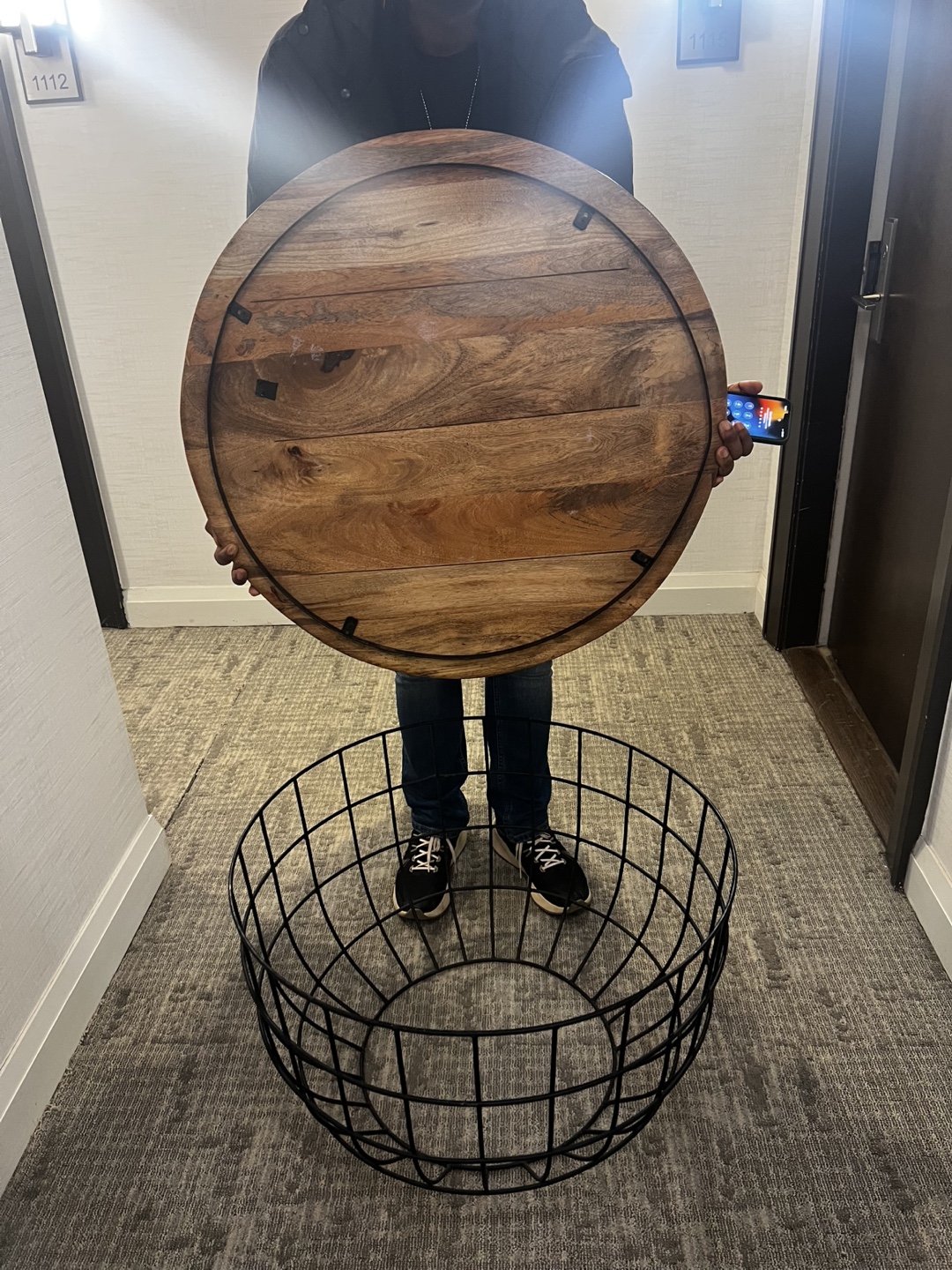 Round Wooden Top Coffee Table with Black Metal Base - photo 4