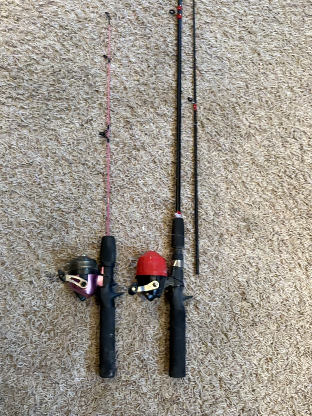 Two Kids' Fishing Rods & Pair of Black Boots