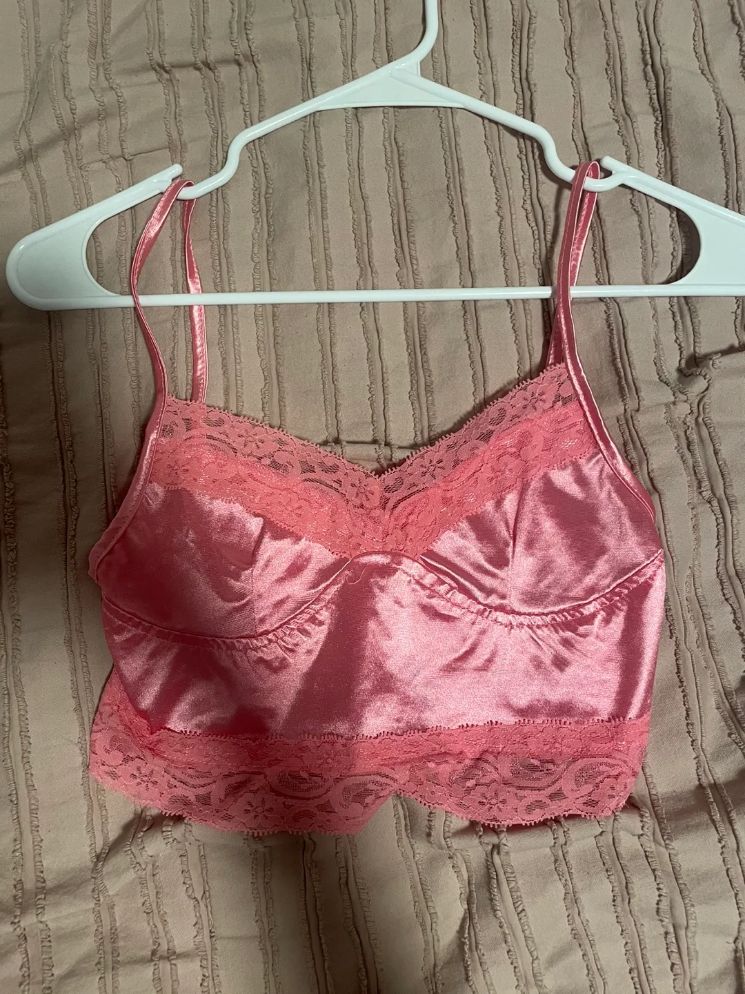 Pink Satin Cami Top with Lace Trim thumbnail