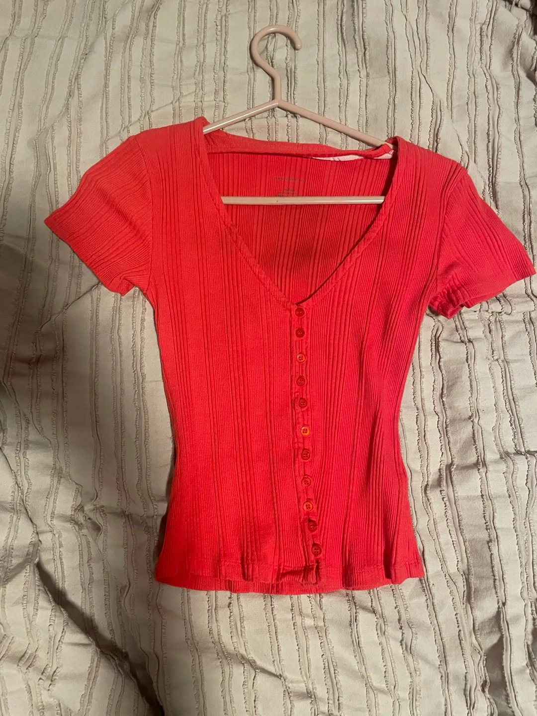 Coral Ribbed Button-Down Top thumbnail