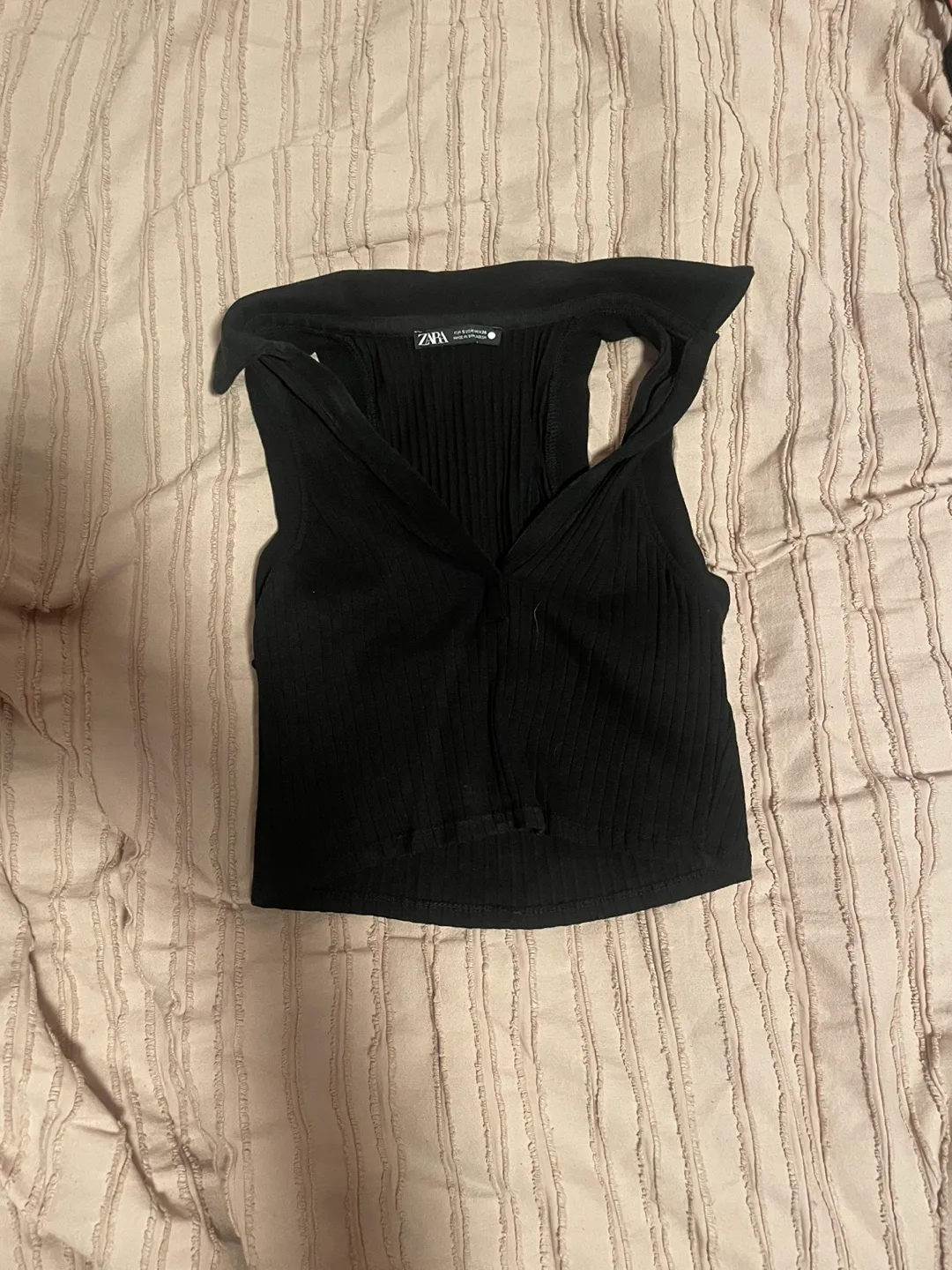 Black Ribbed Sleeveless Collared Crop Top thumbnail