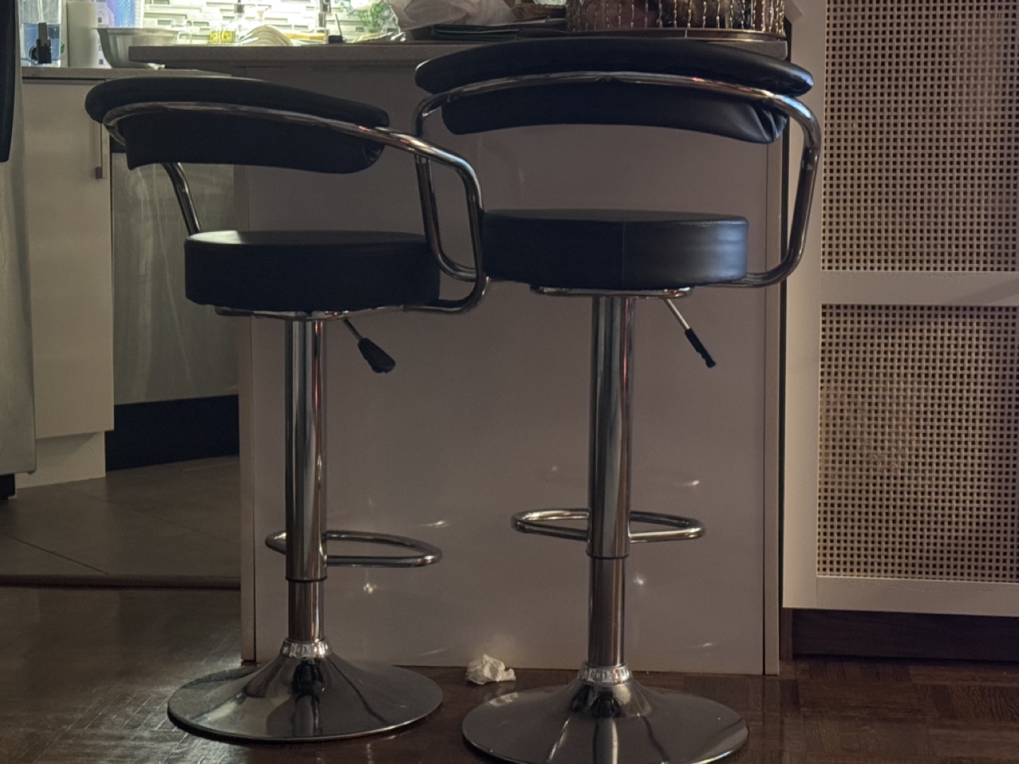 Pair of Black Leather Bar Stools with 360° smooth swivel