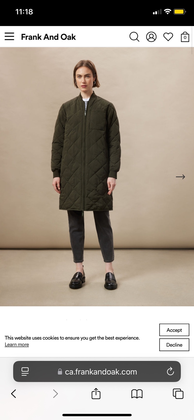 Frank and Oak Quilted Bomber Jacket - Olive Green (S and M)