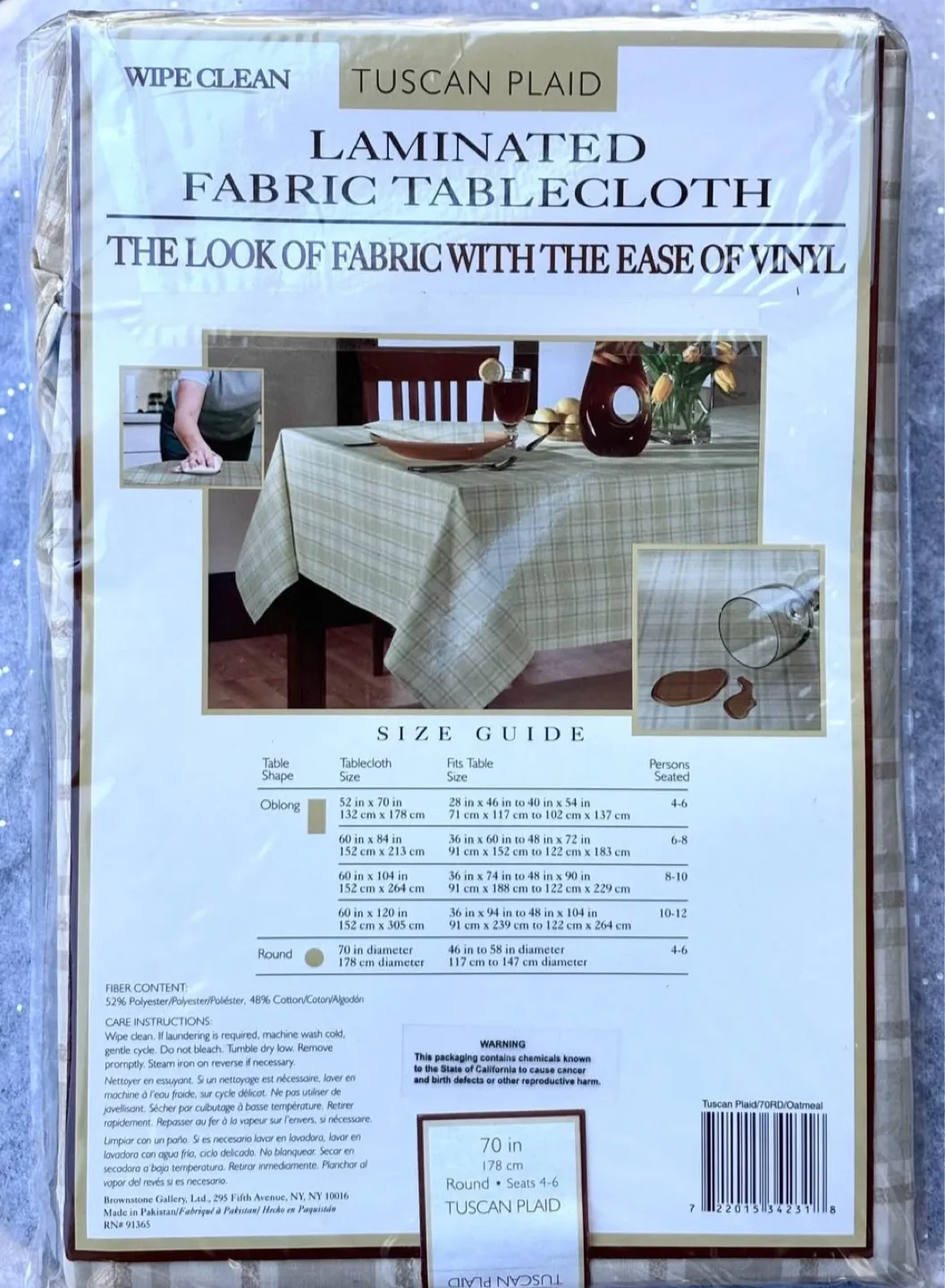 Cotton-Blend Laminated Tablecloth, 70” Round, New in Package image indicator(2)