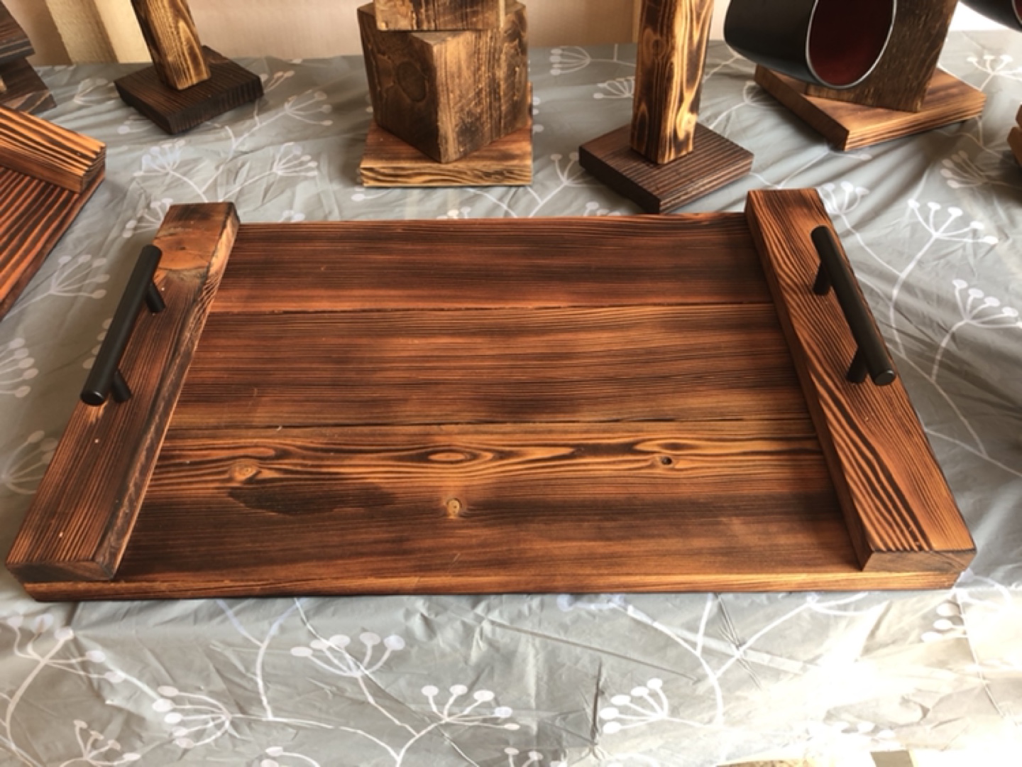 Rustic Wooden Serving Tray with Black Handles