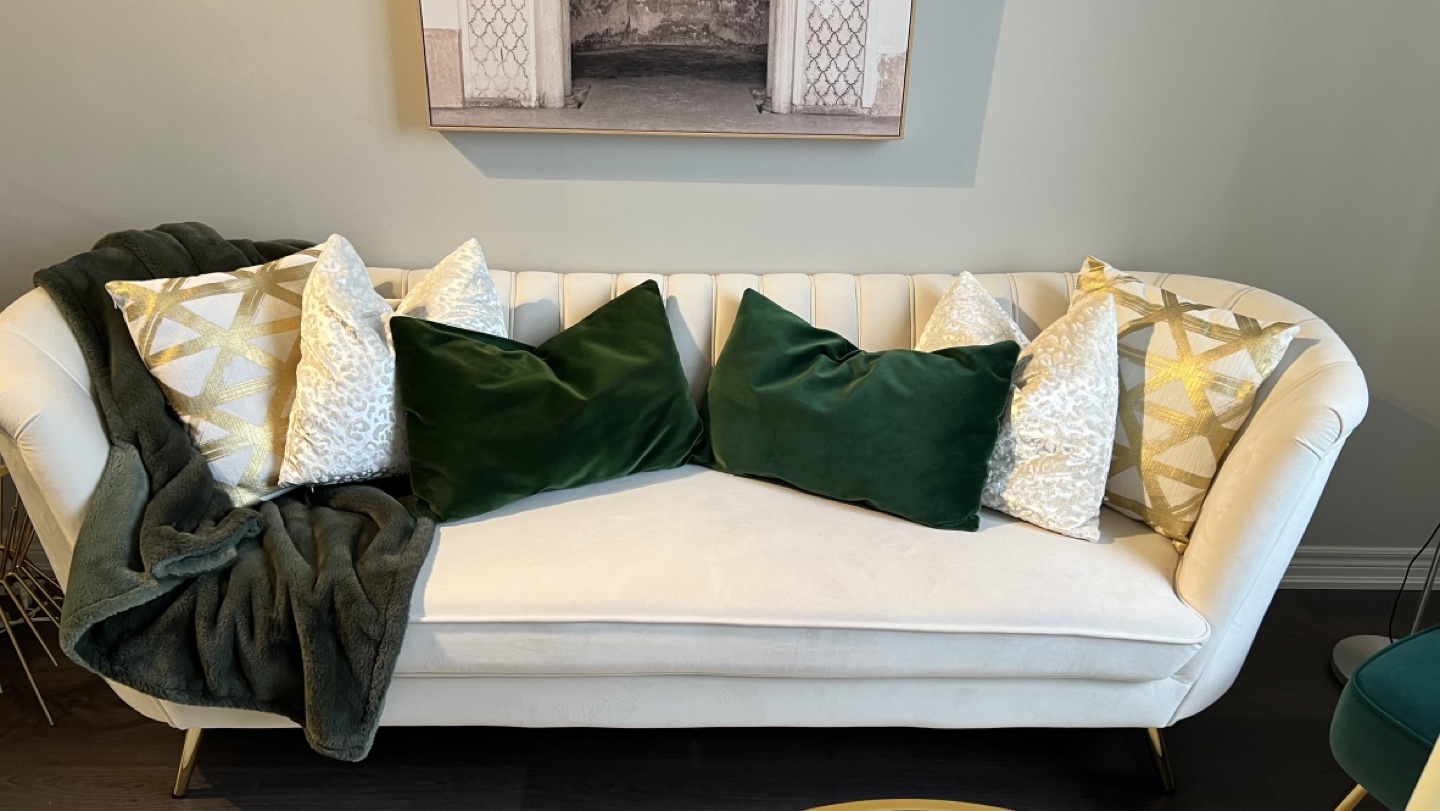 Elegant Off-White Velvet Sofa with Gold Legs