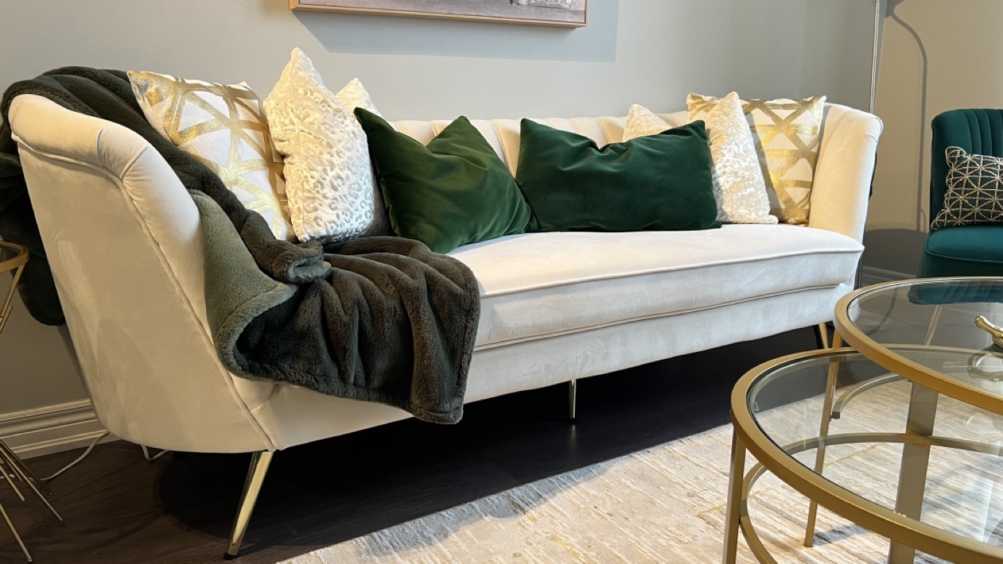 Elegant Off-White Velvet Sofa with Gold Legs - photo 2