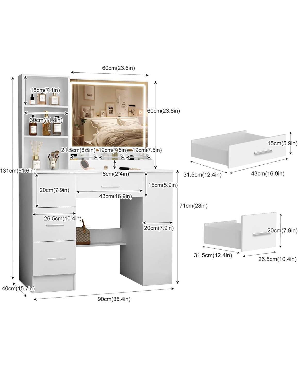 White Vanity Set with LED Mirror & Drawers - photo 4