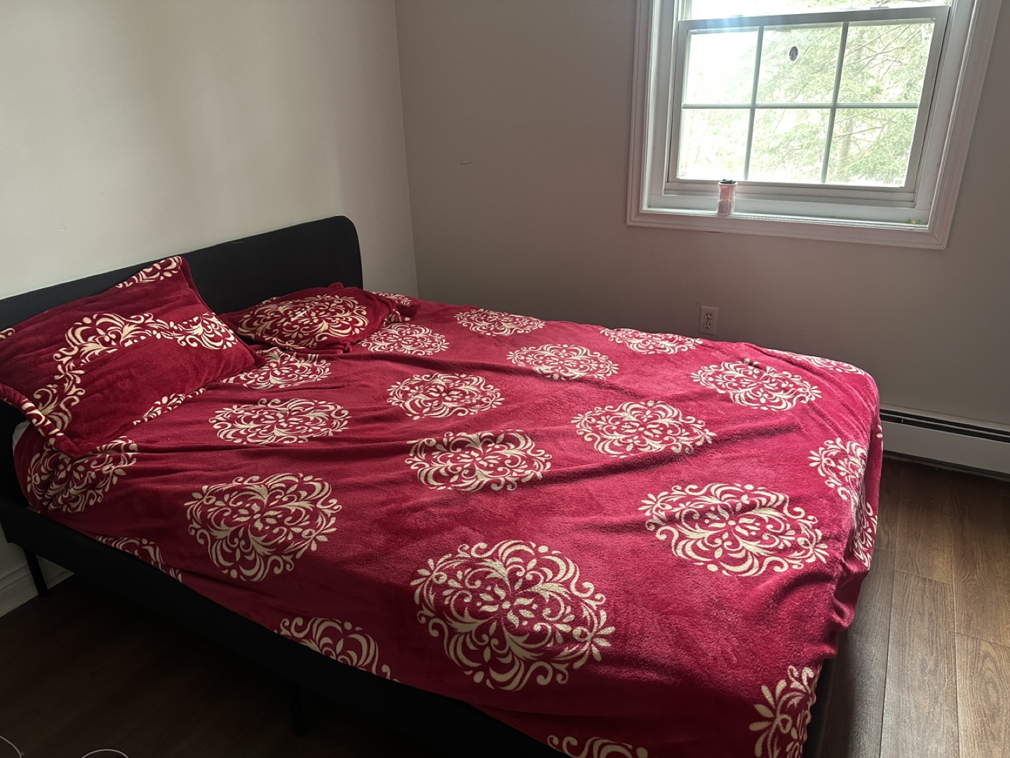 Queen-size bed frame, dark grey plus mattress