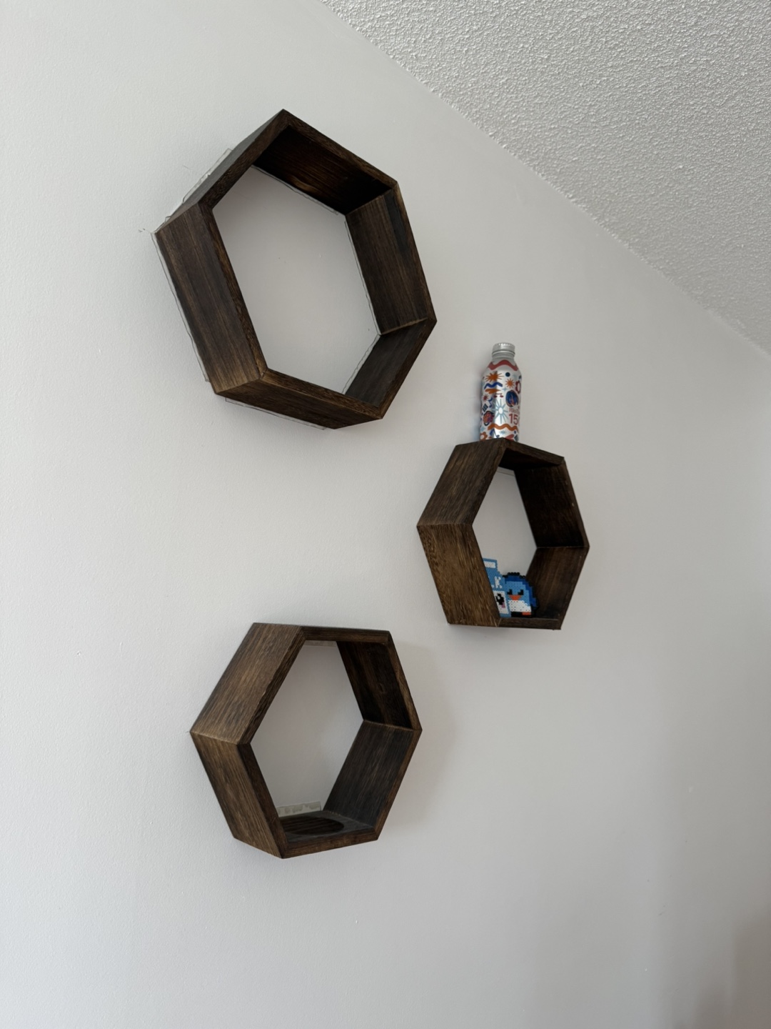 Set of Three Hexagon Floating Shelves - Dark Wood