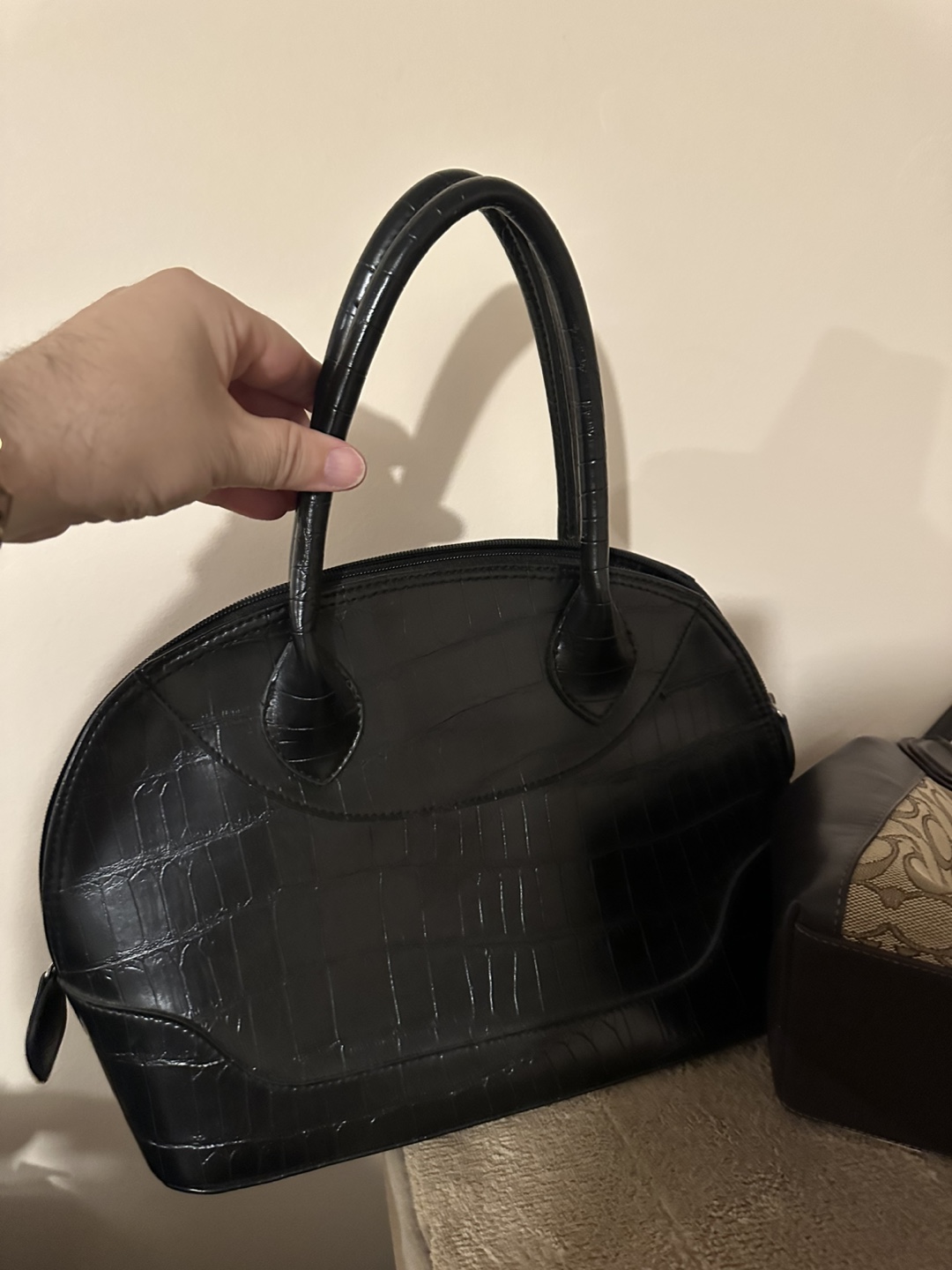 Black Crocodile-Embossed Handbag