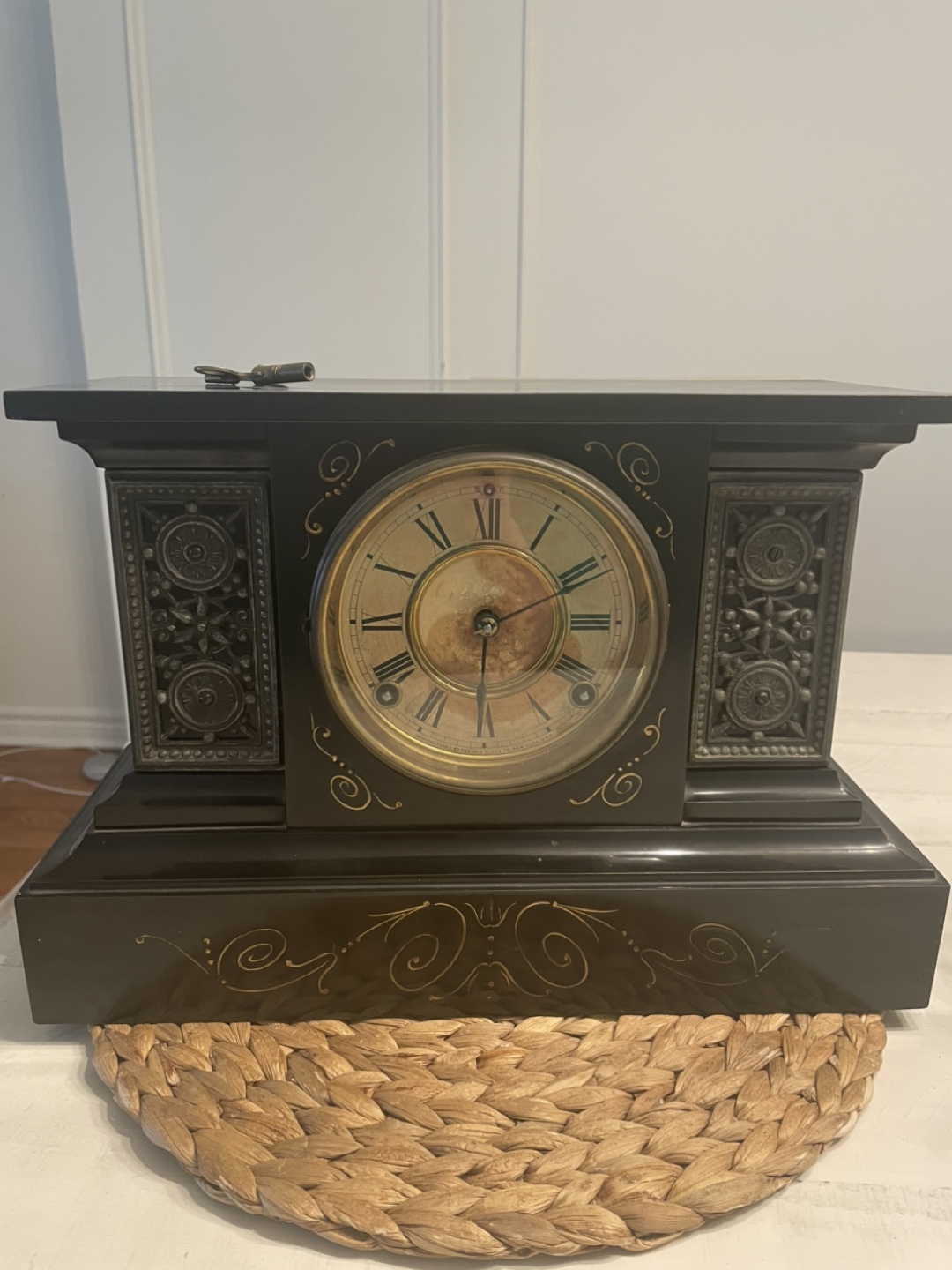 Antique Black Marble Mantle Clock with Key