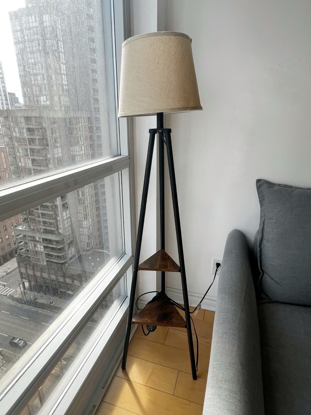 Tripod Floor Lamp with Wooden Shelves