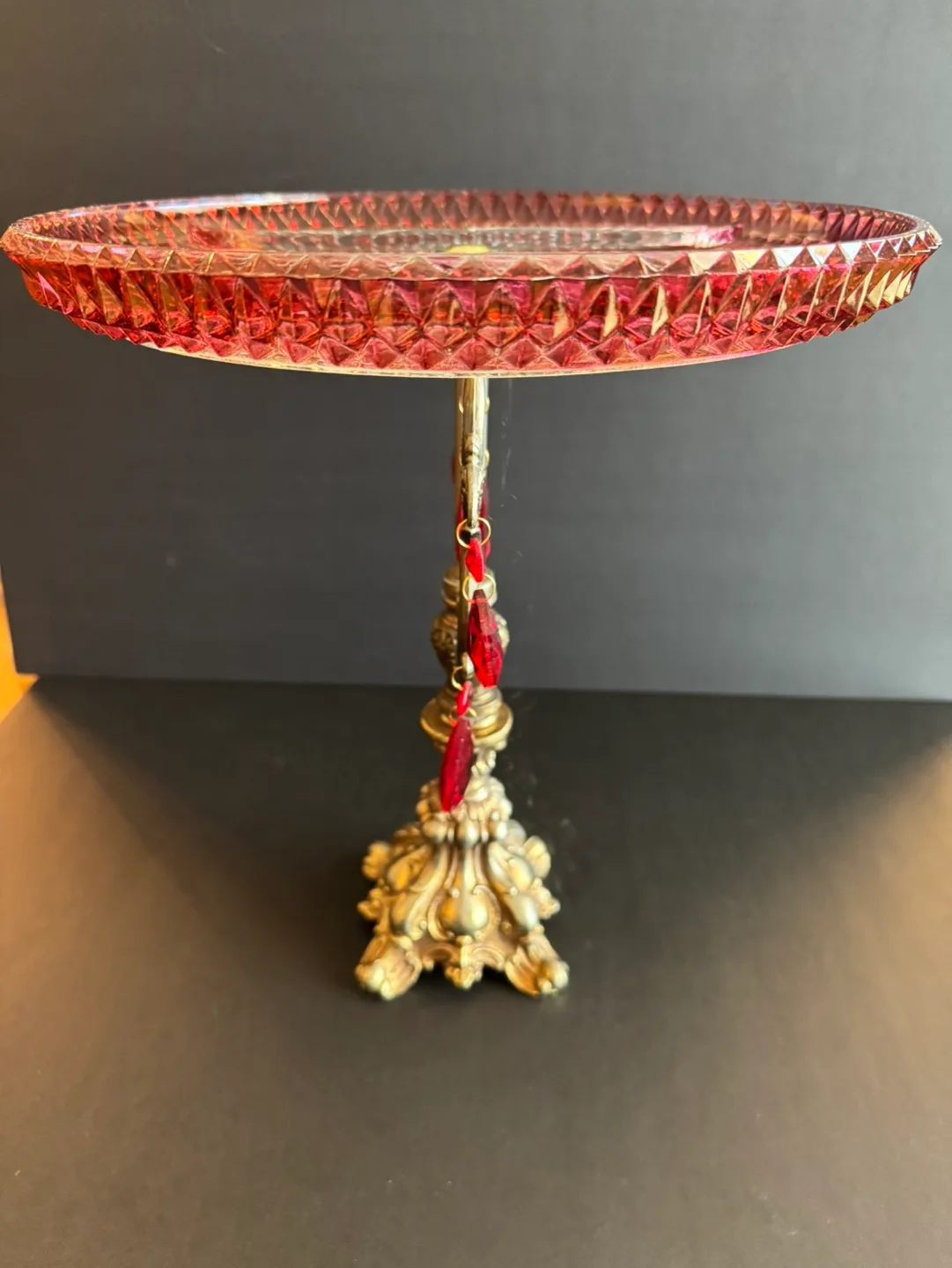 Vintage Glass Cake Stand with Red Accents image indicator(2)