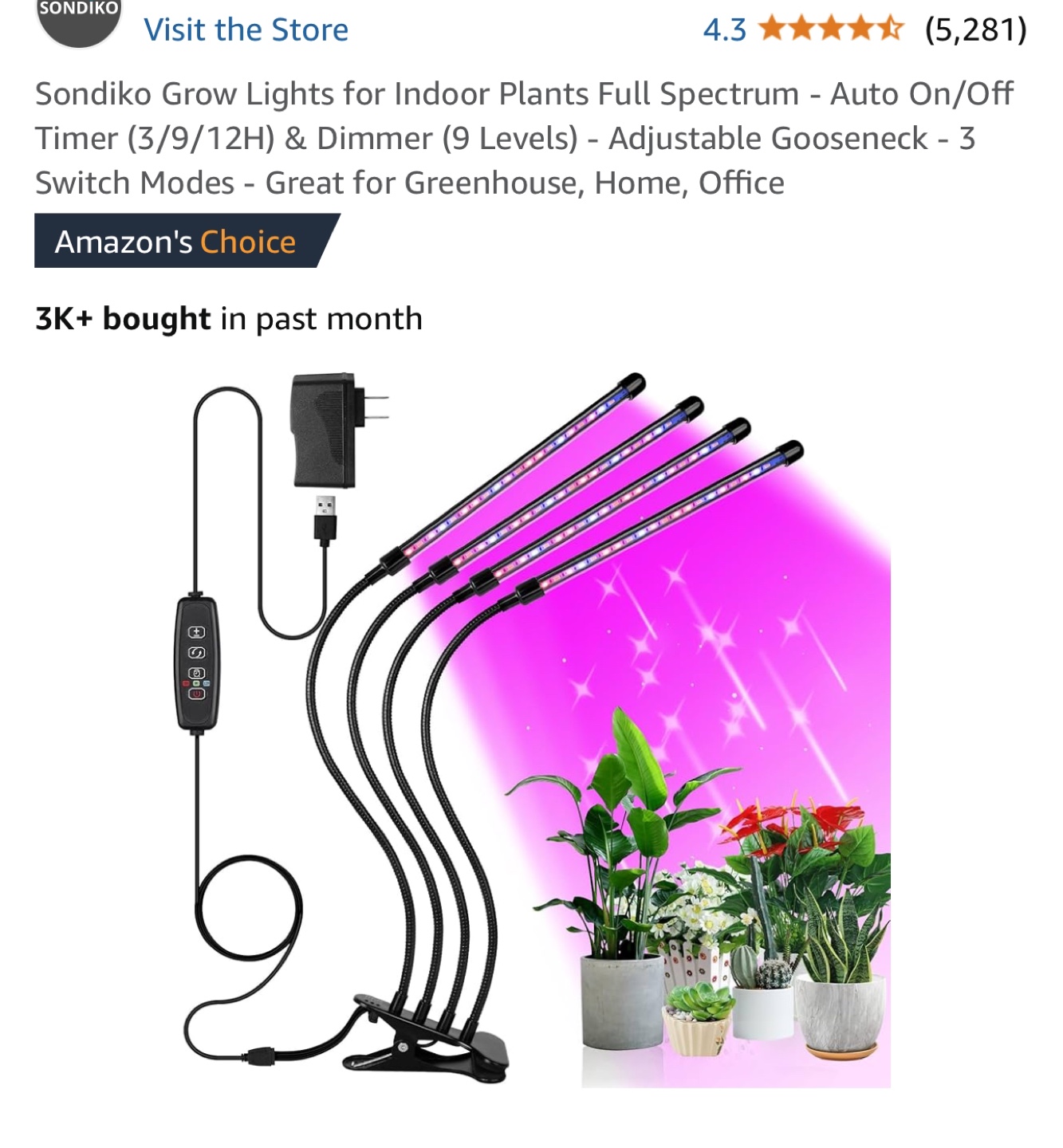 Sondiko LED Grow Light - 4-Head Adjustable Gooseneck Lamp