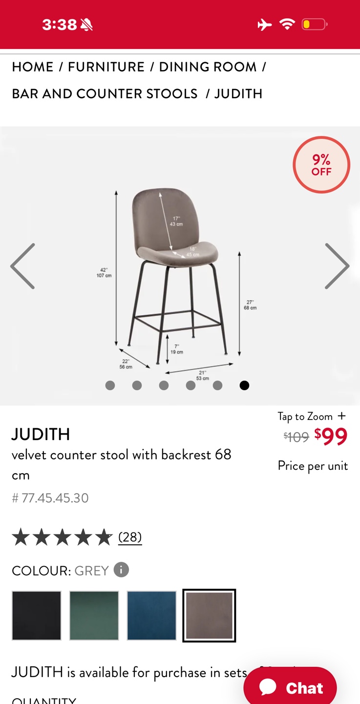 Judith Velvet Counter Stool with Backrest - photo 2