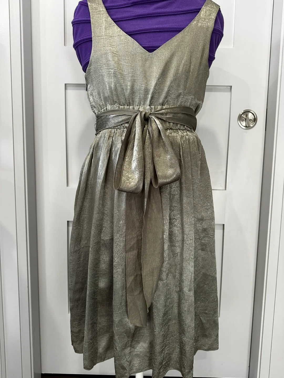 Gold Metallic Sleeveless Dress with Lace Detail image indicator(3)