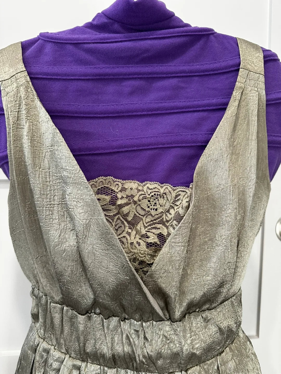 Gold Metallic Sleeveless Dress with Lace Detail image indicator(2)