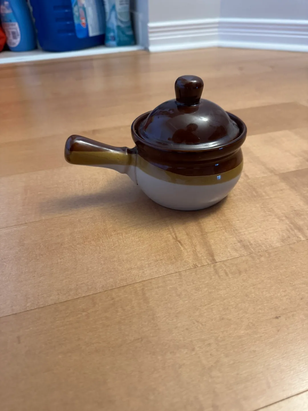 Vintage Brown and Beige Ceramic Pot with Lid thumbnail