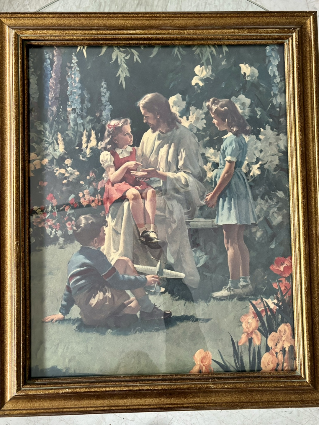 Vintage Framed Religious Print of Jesus with Children - photo 2