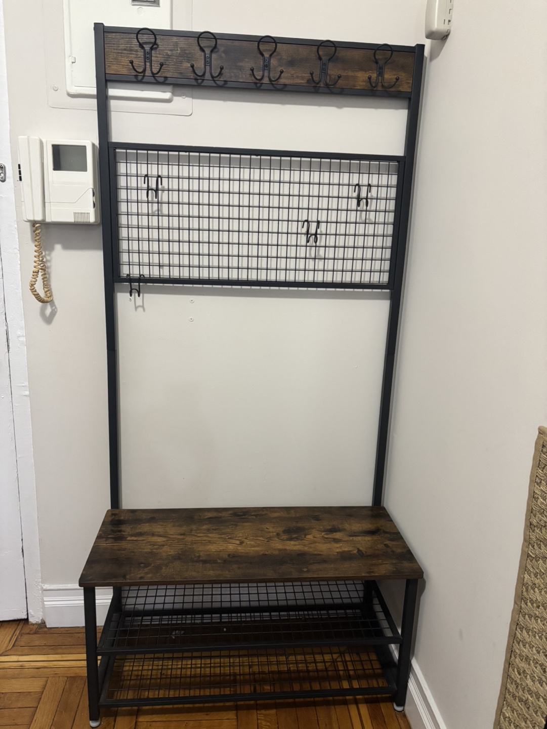 Industrial Entryway Bench with Hooks and Shoe Rack