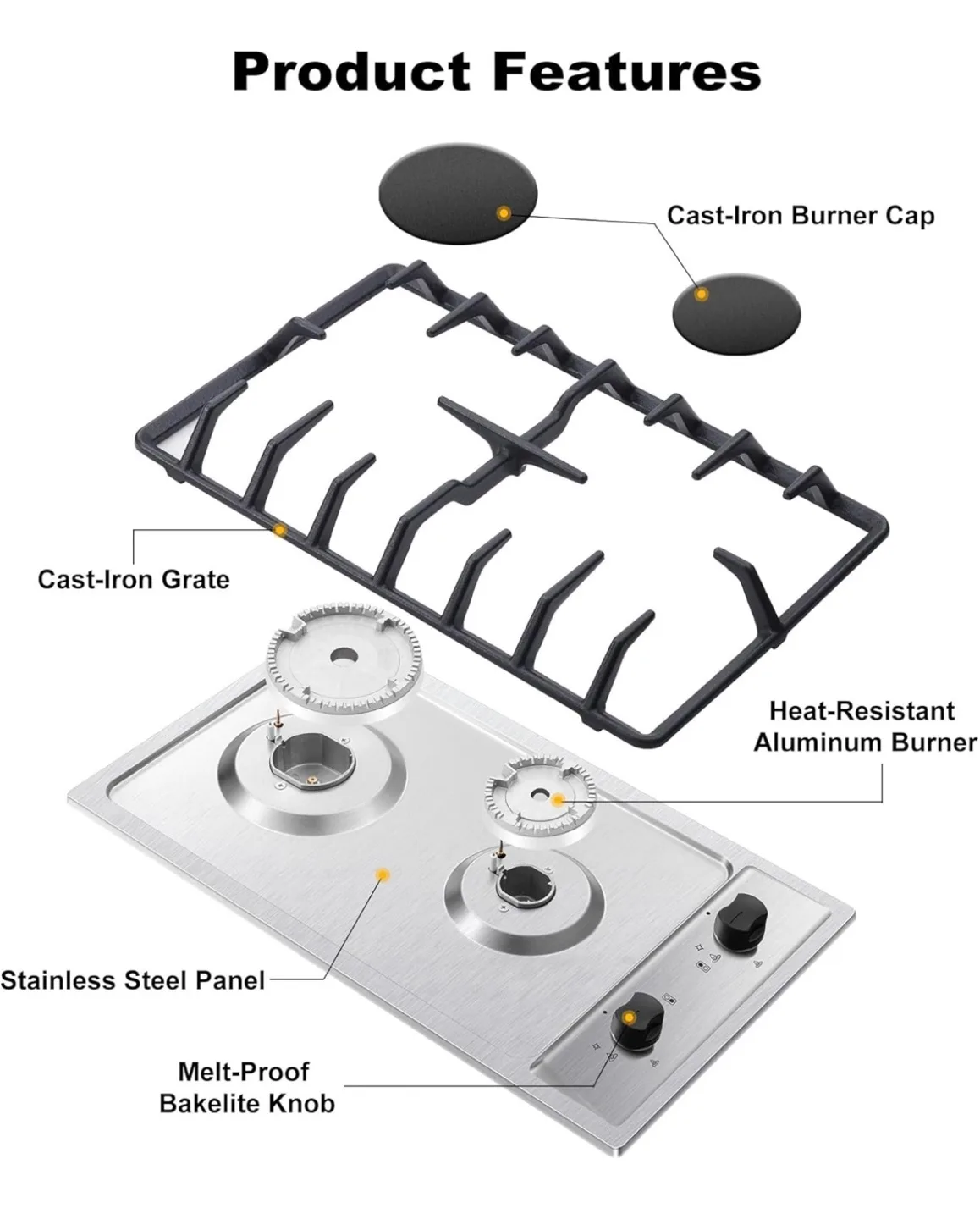 Gas Cooktop - 12 Inch 2 Burner Stainless Steel RV Stove image indicator(3)