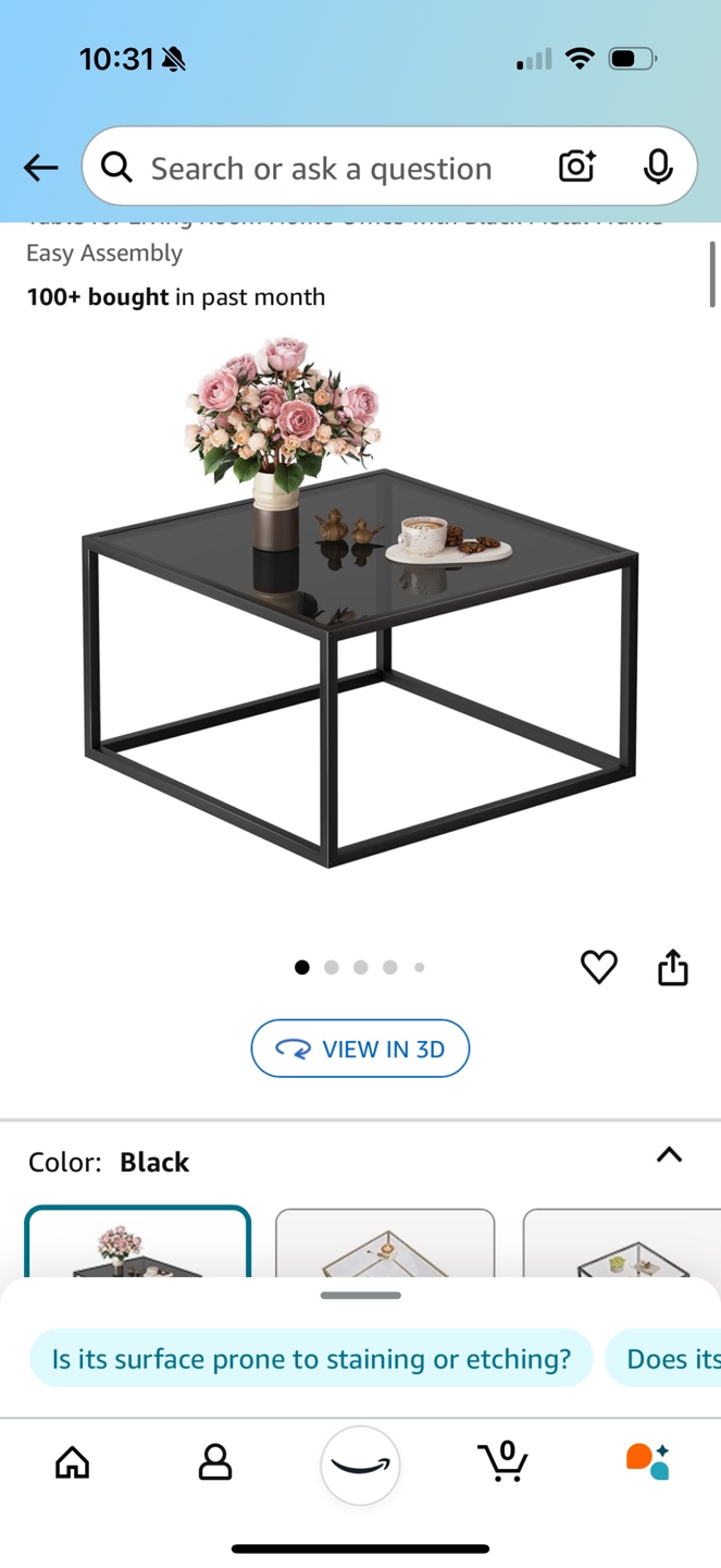 Black Glass Top Coffee Table with Metal Frame