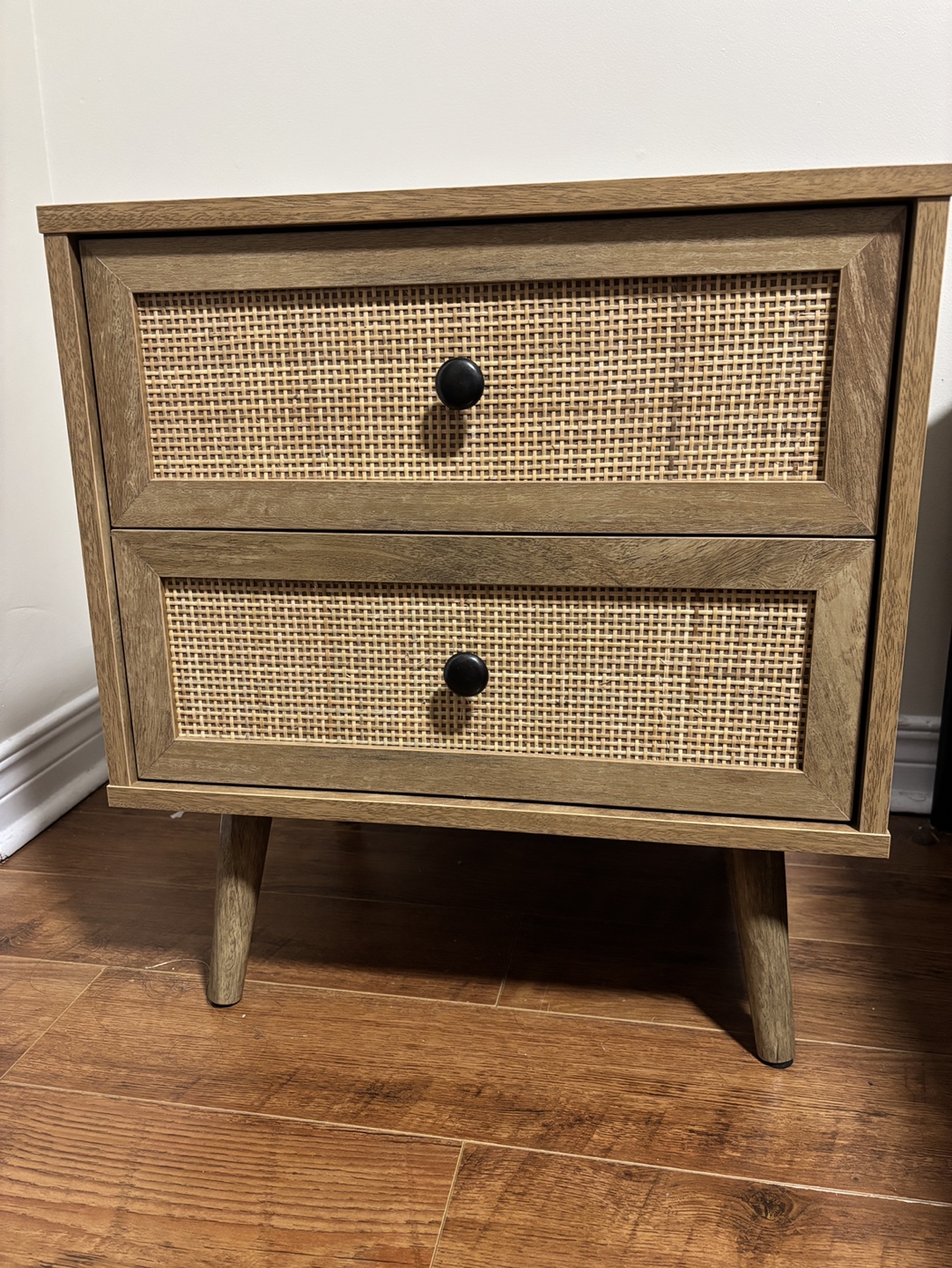 Two-Drawer Nightstand with Rattan Accents