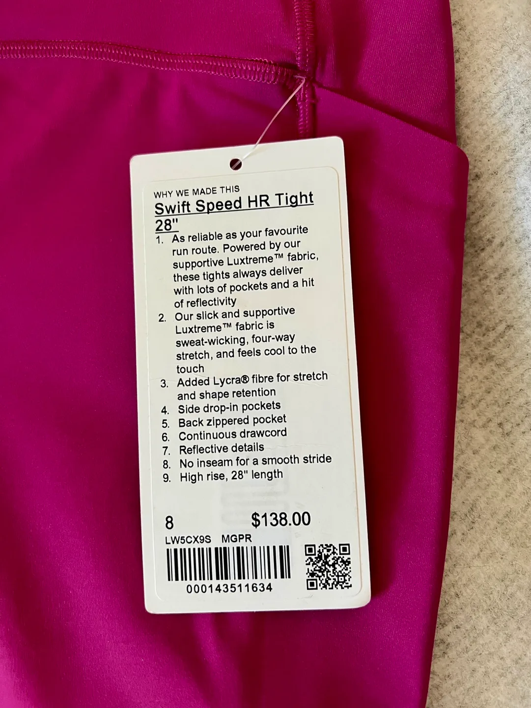 Lululemon Swift Speed HR 7/8 Tight - Size 8 - Magenta image indicator(2)